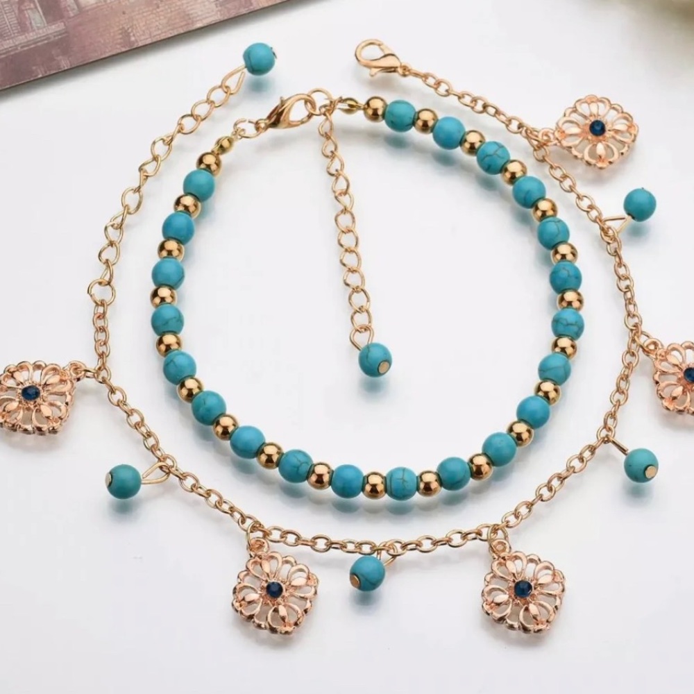 2 Pc Ankle Bracelet Turquoise and Gold